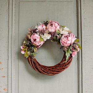 12 Spring Peony Wreath, Front Door Wreaths, Door wreath for wedding, Blush pink wreath, Peony flower wreath, Fall flower wreath image 1