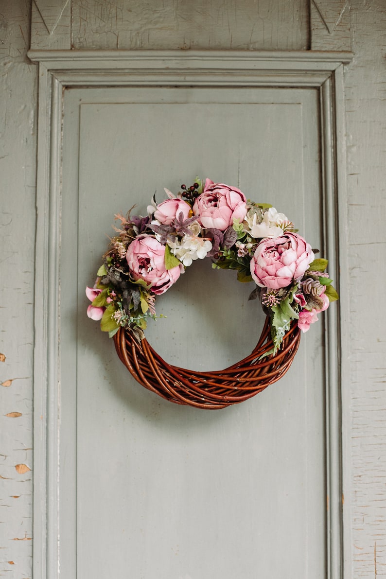 12 Spring Peony Wreath, Front Door Wreaths, Door wreath for wedding, Blush pink wreath, Peony flower wreath, Fall flower wreath image 1