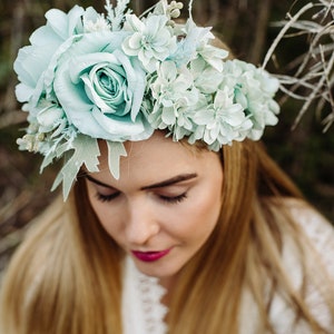 Mint flower crown, Green headband, Bridal floral tiara, Wedding hair wreath, Hair flowers, Bridesmaid crown, Eucalyptus crown image 7