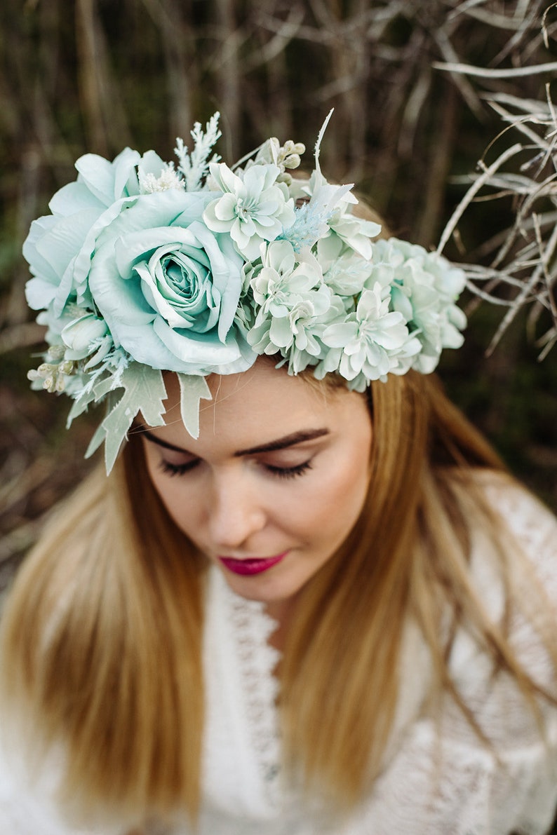 Mint flower crown, Green headband, Bridal floral tiara, Wedding hair wreath, Hair flowers, Bridesmaid crown, Eucalyptus crown image 7