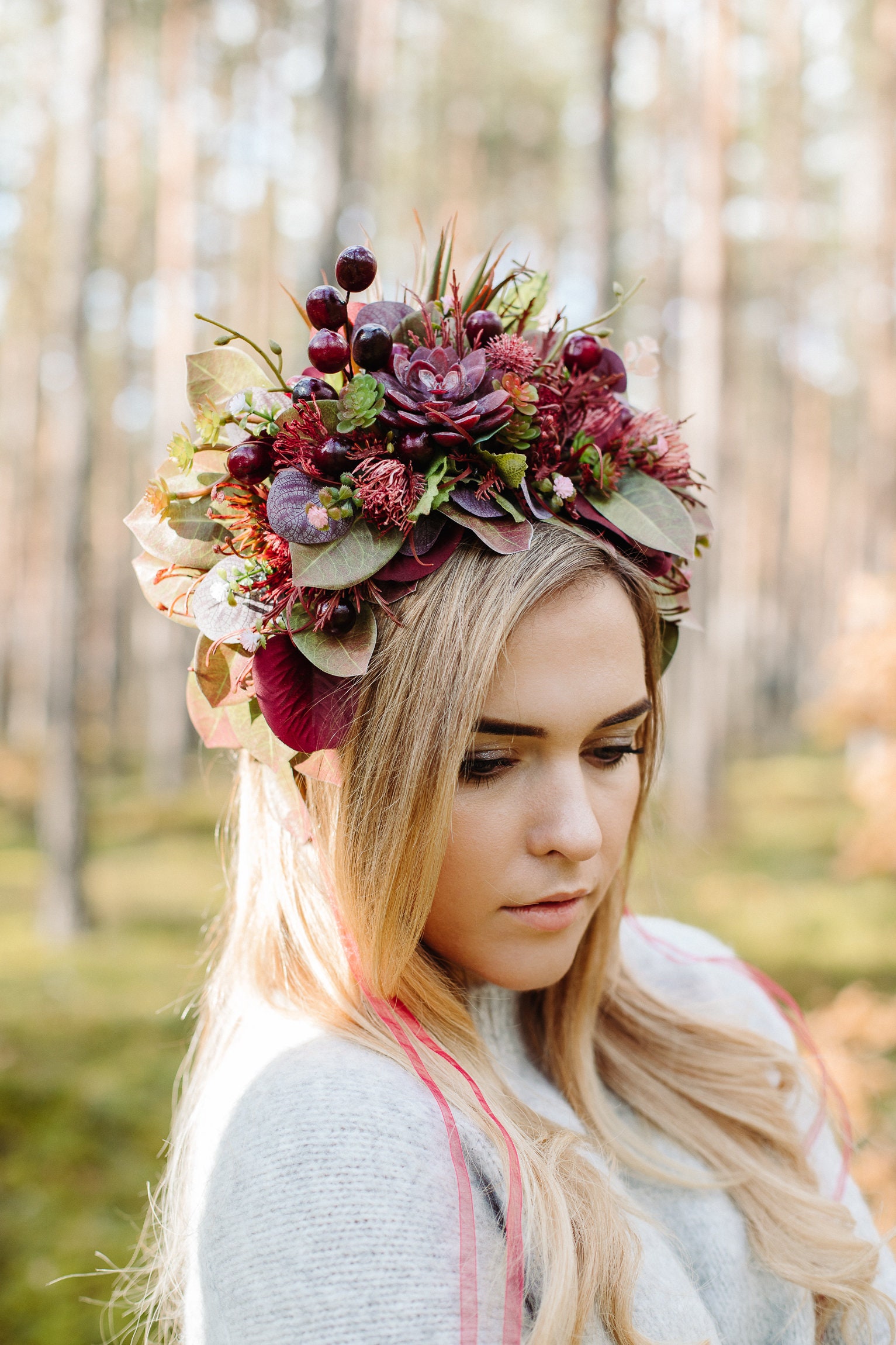 Midsommar Flower Crown Red Burgundy Flower Crown Succulent Etsy