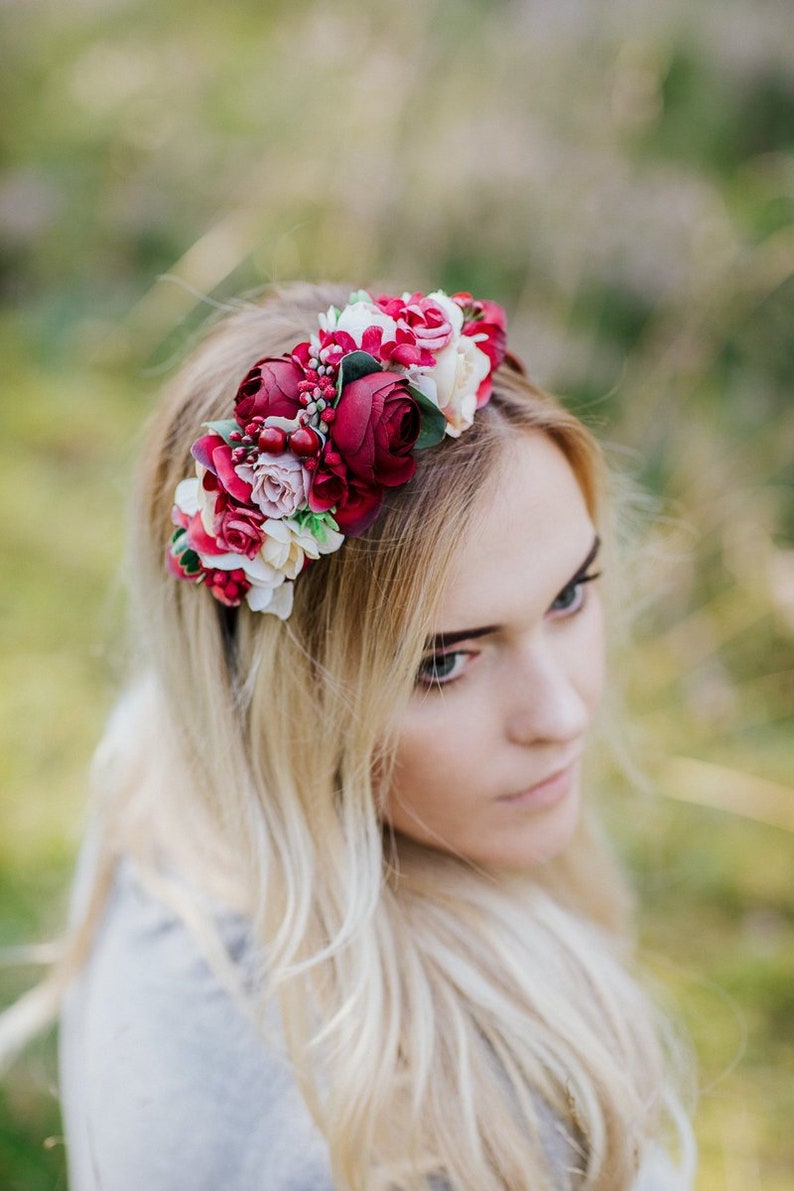 Burgundy flower crown, Ivory headband, Side Flower headband, fall headband, Burgundy wedding, Bridal hairpiece, Deep red headband image 1