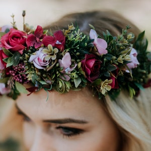 Pink Flower crown,wedding flower crown, boho flower crown, gift for her, bridesmaid gift, fascinator, hair accessories, Fuchsia crown image 3