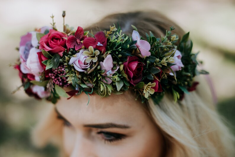 Pink Flower crown,wedding flower crown, boho flower crown, gift for her, bridesmaid gift, fascinator, hair accessories, Fuchsia crown image 3