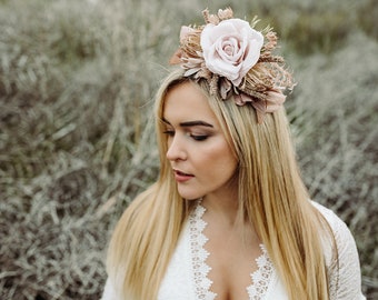 Crown royal, Rustic Rose Fascinator, Rose brown headband, Braided headband, Bride Wedding, Wedding flower crown, Rustic crown, Midsommar