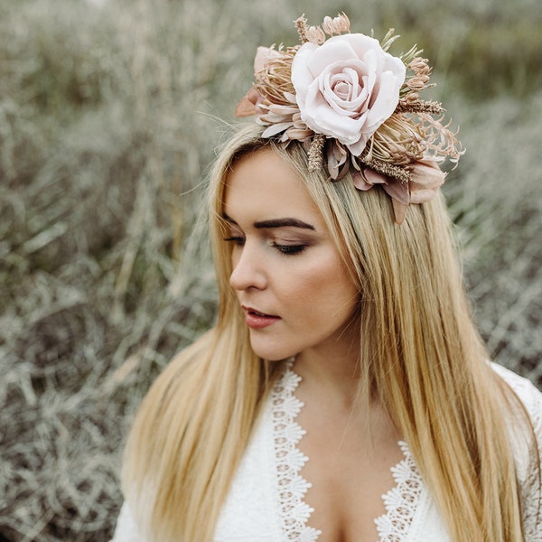 Crown royal, Rustic Rose Fascinator, Rose brown headband, Braided headband, Bride Wedding, Wedding flower crown, Rustic crown, Midsommar