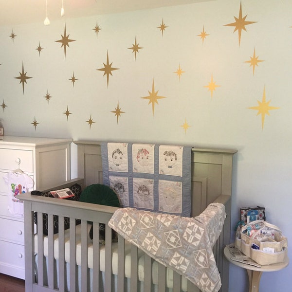 Metallic Gold Retro Starbursts Vinyl Wall Decals, Confetti Stars ABST8 - Nursery Decor - Sparkle Star Decals