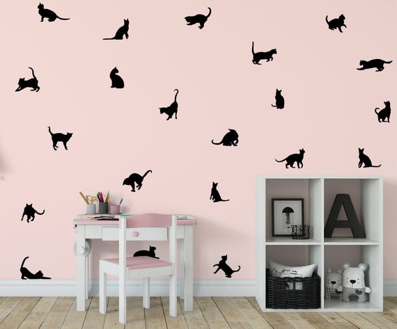 Cat Decal - Black Cats Wall Decal - Cats Stickers - Cat Vinyl Wall Decals - Set of 21 Cat Wall Decals ABPT17-l