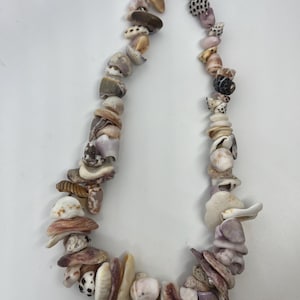 May include: A necklace made of various seashells in shades of white, brown, pink, and black. The shells are strung together on a clear thread.