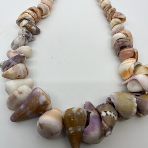 May include: A necklace composed of assorted seashells in hues of beige, brown, and lilac. The shells are threaded together, forming a natural, organic pattern. The necklace is shown against a white backdrop.