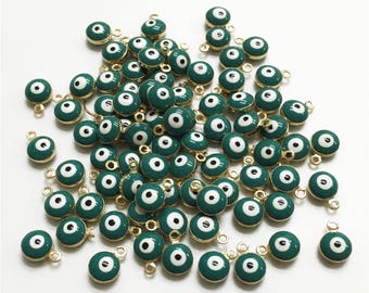 20pcs Green Evil Eye Charms, Gold Palted Evil Eye Pendant, Double Sided - 6mm - Jewery Making