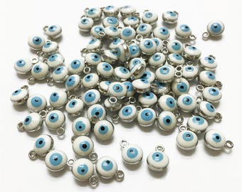 50pcs White Evil Eye Charms, Silver Plating Evil Eye Pendant, Double Sided, 6mm