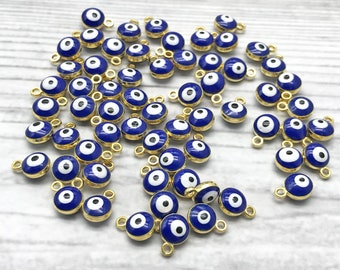 50pcs Blue Evil Eye Charms, Gold Plating Evil Eye Pendant, Double Sided, 6mm