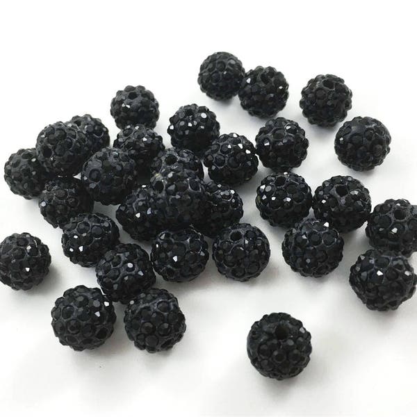 50pcs Perles de boule de cristal noir, Perles de pavé de cristal, Perles de bricolage, Perles de gros, 10mm