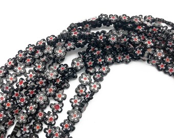 7-8mm Black Glass Flower Beads, Millefiori Glass Beads