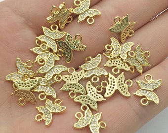 10 pcs Rhinestone Butterfly Connectors, Brass Charms, Wholesale Charms, 13x10mm