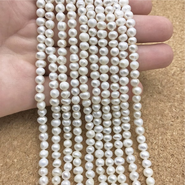 Cuentas de perlas de agua dulce de 4-5 mm, cuentas de perlas blancas, joyas de perlas