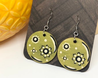 Abstract hand painted mandala wood circle earrings. Stainless steel wire