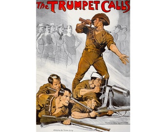 War Propaganda Poster, The Trumpet Calls | Art Print | Canvas Print | Fine Art Poster | Art Reproduction | Archival Giclee | Gift Wrapped
