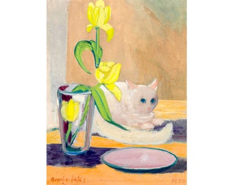 George Benjamin Luks – The White Cat, (1930), Canvas Print or Fine Art Giclee – Enhanced