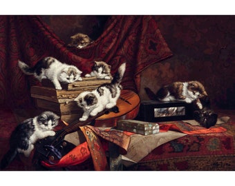 Cornelis Raaphorst – Playing Kittens, (1900), Canvas Print or Fine Art Giclee – Enhanced