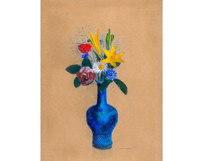 Odilon Redon, Bouquet de fleurs dans un vase bleu, Redon Art | Print | Canvas Print | Fine Art Poster | Art Reproduction | Archival Giclee