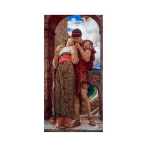Puede incluir: Una pintura de una pareja abrazándose bajo un arco. El hombre lleva una túnica roja y una capa de estampado de leopardo. La mujer lleva un vestido largo marrón con una faja roja. El fondo es un paisaje con un cielo azul y nubes blancas.