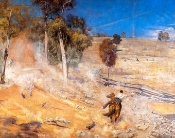 Tom Roberts, A Break Away! 1891 | Art Print | Canvas Print | Fine Art Poster | Art Reproduction | Archival Giclee | Gift Wrapped