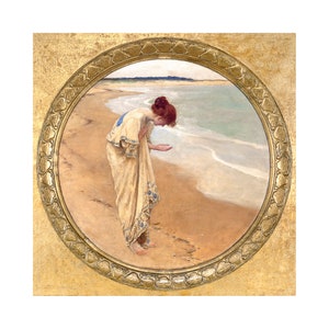 May include: A painting of a woman in a white dress standing on a beach, looking down at something in her hand. The beach is sandy and the water is blue. The woman has red hair and is wearing a blue sash around her waist. The painting is framed in a gold frame.