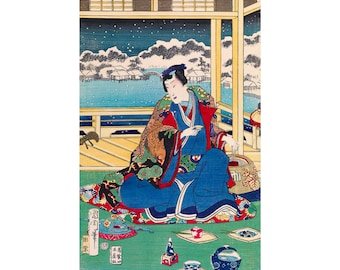 Kunichika - Genji Viewing Snow From a Balcony (1867), Canvas Print or Fine Art Giclee - Enhanced