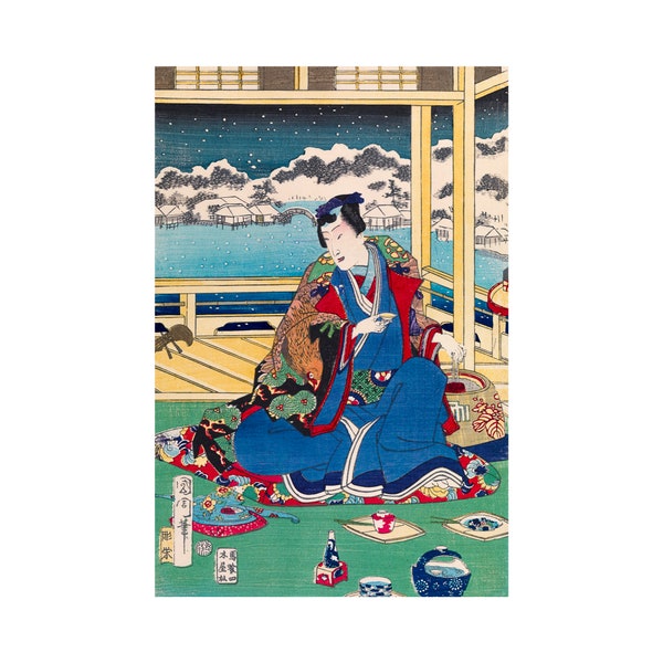 Toyohara Kunichika, Genji Viewing Snow From a Balcony, 1867 | Art Print | Canvas Print | Fine Art Poster | Art Reproduction | Archival