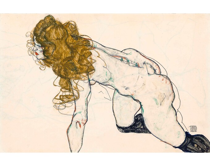 Egon Schiele, Kauernder weiblicher Akt mit blonden Haaren und aufgestütztem linken Arm (recto), Liebespaar (verso), 1914 | Art Print