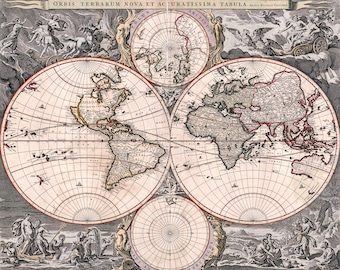 Old World Map – Nova totius terrarum orbis tabula, (1690), Canvas Print or Fine Art Giclee – Enhanced