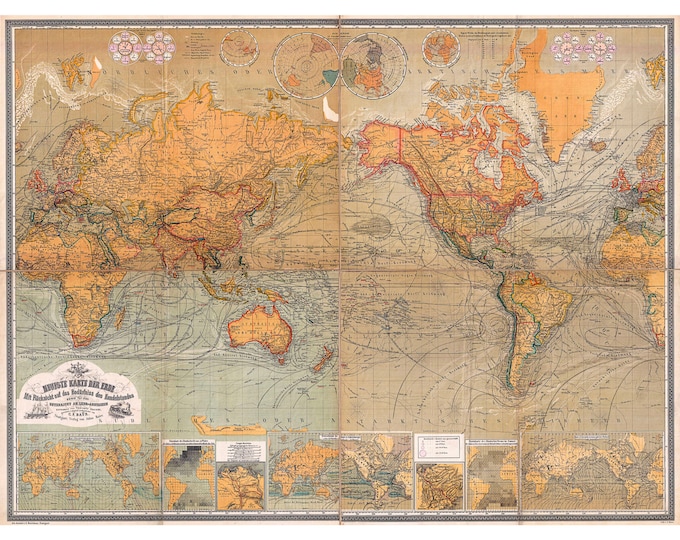 Geographicus, Baur and Bromme Map of the World, 1870 | Art Print | Canvas Print | Fine Art Poster | Art Reproduction | Archival Giclee