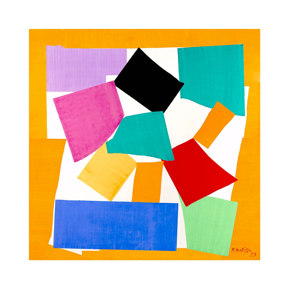 May include: An abstract painting with a white background and a yellow border. The painting features a variety of colourful geometric shapes, including purple, pink, red, orange, yellow, green, blue, and black.