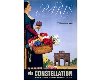 Paris, France via Constellation, Travel Ad | Art Print | Canvas Print | Fine Art Poster | Art Reproduction | Archival Giclee | Gift Wrapped