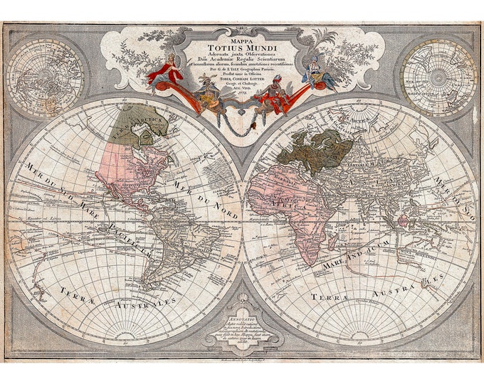 Geographicus, Lotter Map of the World on a Hemisphere Projection, 1775 | Art Print | Canvas Print | Fine Art Poster | Art Reproduction