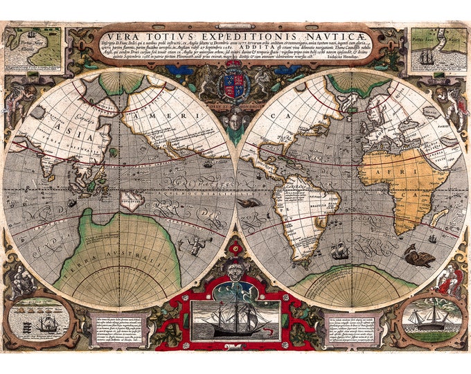 Abraham Ortelius, World Map, 1595 | Art Print | Canvas Print | Fine Art Poster | Art Reproduction | Archival Giclee | Gift Wrapped