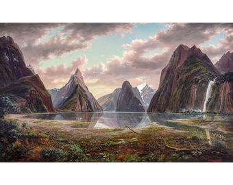 Eugene von Guerard, Milford Sound, New Zealand, 1877 | Art Print | Canvas Print | Fine Art Poster | Art Reproduction | Archival Giclee
