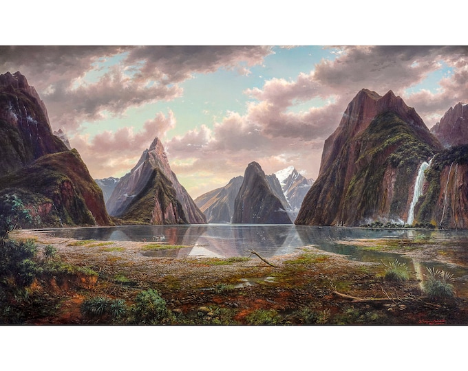 Eugene von Guerard, Milford Sound, New Zealand, 1877 | Art Print | Canvas Print | Fine Art Poster | Art Reproduction | Archival Giclee
