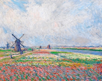 Claude Monet, Bulbfield and Windmill Near Leyden, 1886 | Art Print | Canvas Print | Fine Art Poster | Art Reproduction | Archival Giclee