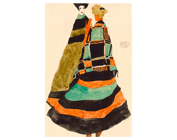 Egon Schiele, Zwei stehende Frauen in gestreiften und karierten Kostümen, 1911 | Art Print | Canvas Print | Fine Art Poster | Art