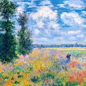 Puede incluir: Una pintura al óleo que representa un prado vibrante lleno de flores silvestres en tonos amarillos, rojos y azules. Dos árboles altos de color verde oscuro se alzan a la izquierda, mientras una figura con abrigo oscuro camina por el campo bajo un cielo azul.