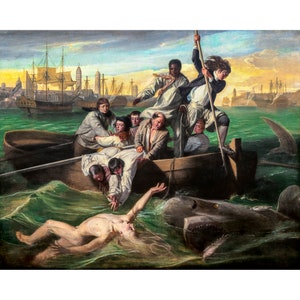 Puede incluir: Una pintura que representa a un grupo de personas en un bote siendo atacado por un tiburón. Las personas intentan defenderse del tiburón con una lanza y una cuerda. La escena está ambientada en un puerto con barcos en el fondo.