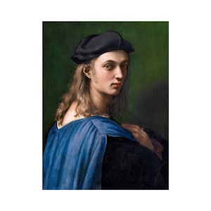 May include: A portrait painting of a young man with long, flowing hair. He is wearing a black beret and a blue and black tunic. The background is a dark green.