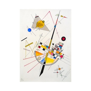 Op de afbeelding: Abstract aquarel schilderij met geometrische vormen en lijnen. Bevat een gele halve cirkel, een zwarte verticale lijn en een verscheidenheid aan kleurrijke vierkanten en driehoeken. Rode, blauwe en gele accenten zijn verspreid over het kunstwerk.