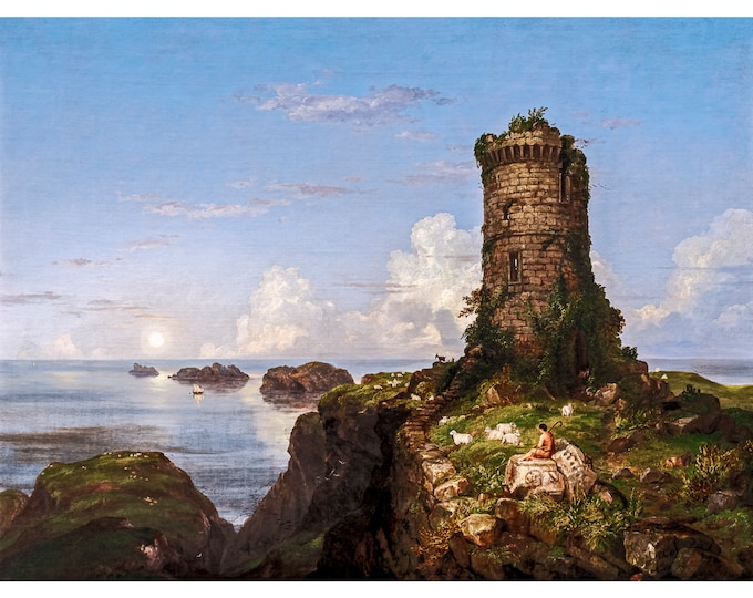 Thomas Cole, Italian Coast Scene with Ruined Tower, 1838 | Art Print | Canvas Print | Fine Art Poster | Art Reproduction | Archival Giclee