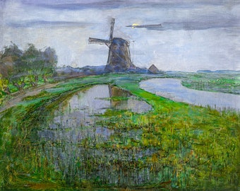 Piet Mondrian, Oostzijdse Mill along the River Gein by Moonlight, 1903 | Art Print | Canvas Print | Fine Art Poster | Art Reproduction