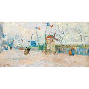 May include: A painting by Vincent van Gogh depicting a street scene with a windmill in the background. The street is lined with trees and there are people walking on the sidewalk. The painting is done in a style that is characteristic of van Gogh, with bold brushstrokes and vibrant colors.
