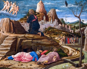 May include: A painting depicting a scene from the Bible, the Agony in the Garden. Jesus kneels in prayer on a rocky hilltop, while three disciples sleep in the foreground. The painting is set against a backdrop of a city and a mountainous landscape.